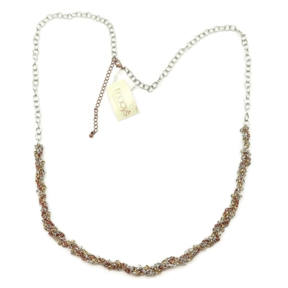 MACY'S Tri Tone Braided Chain Link Twist on Silvertone Necklace 35" - 38" NWT